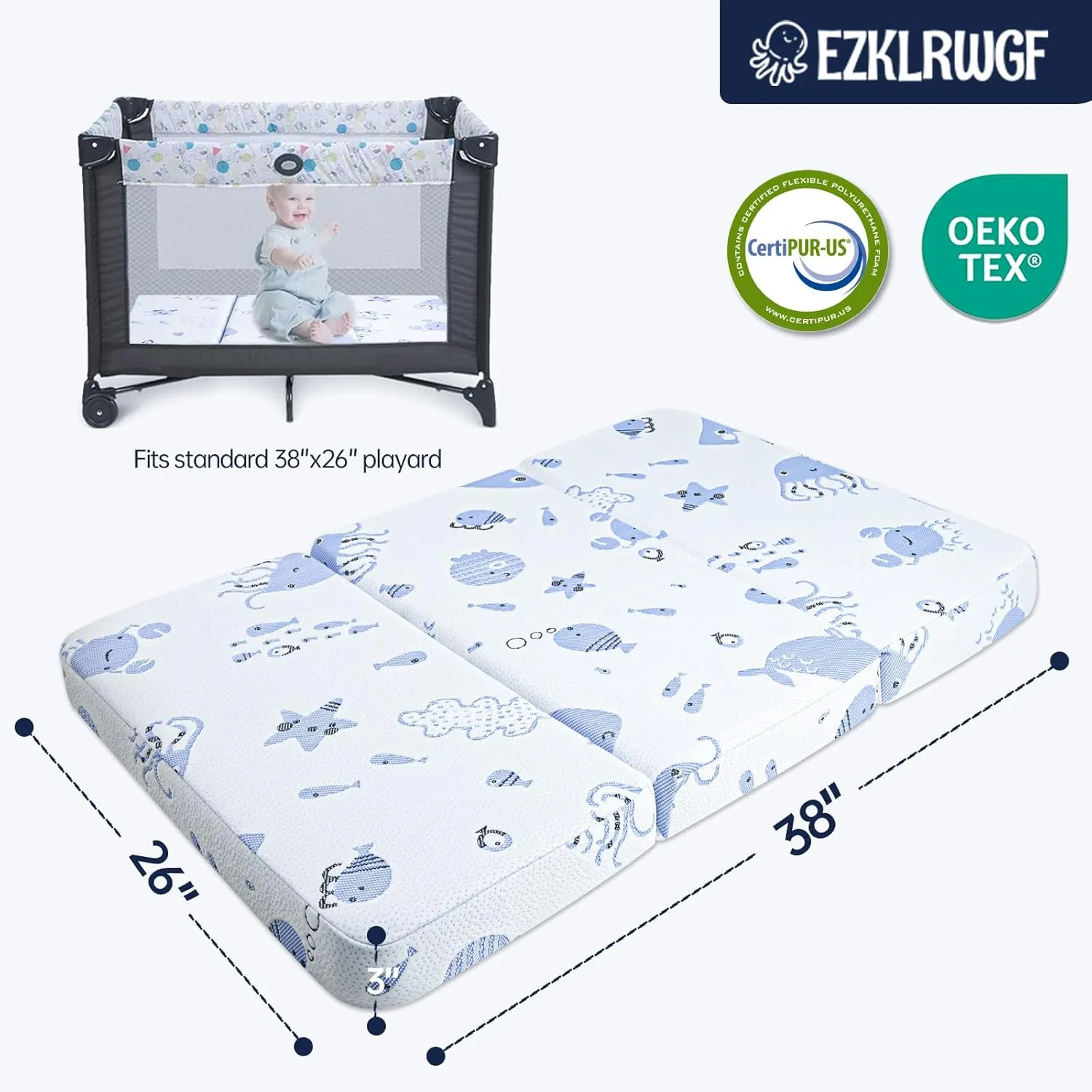 Trifold Pack and Play Mattress,38"x26" Pack N Play Mattresses Topper with Dual Sided Soft & Firm Memory Foam,Portable Mattress for Pack N Play with Washable Cover