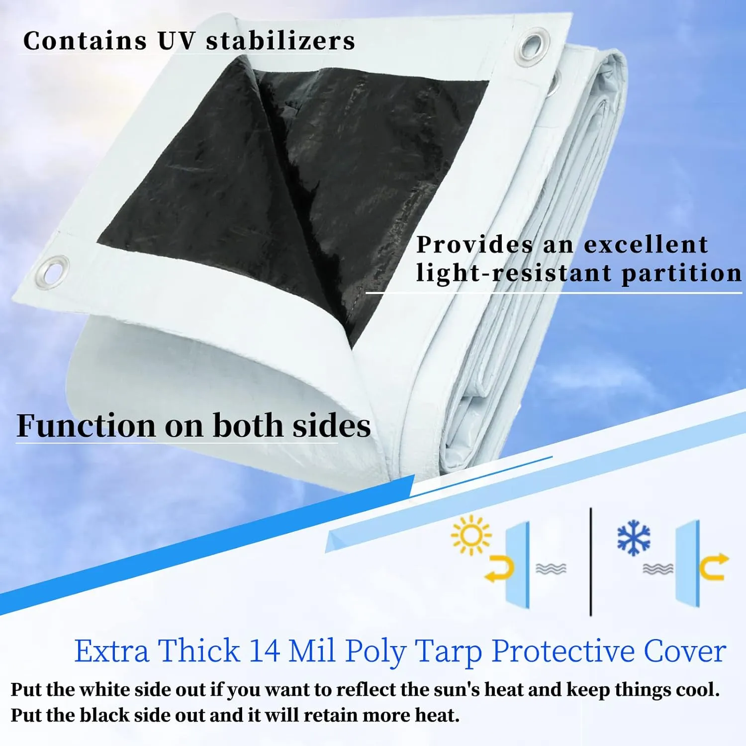 UCINNOVATE 10 x 13 FT Heavy Duty White/Black Plastic Tarp with Grommets, 14 Mil Thick Waterproof Tarp Outdoor Poly Tarp Cover Shade for Shed Canopy Tent Boat RV Camping Patio Porch