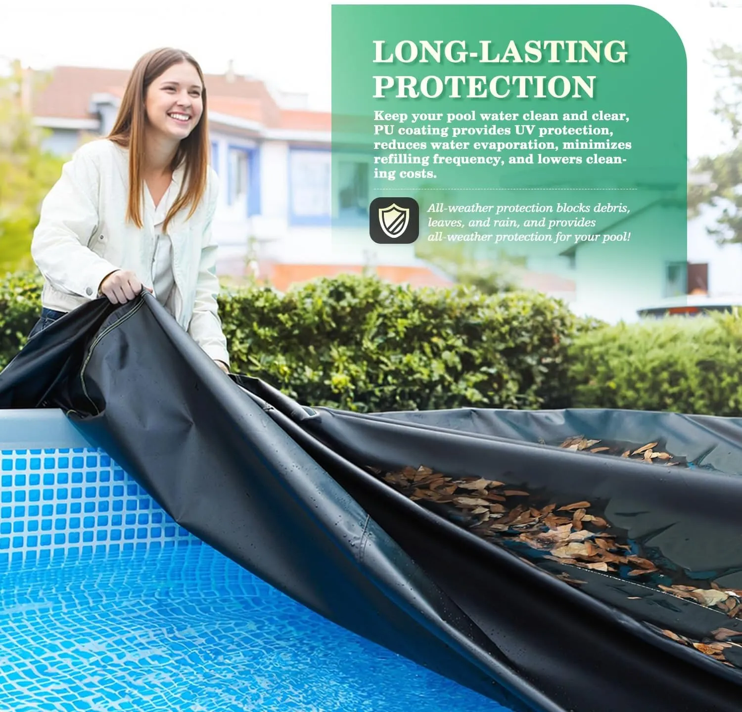 UIRWAY 14 Ft Round Pool Cover with Reflective Strips, Swimming Pool Cover for Above Ground Pools, Solar Cover Including Rope Tie and Luminous Ground Nails, PU Tarp Snug Fit for UV Protected