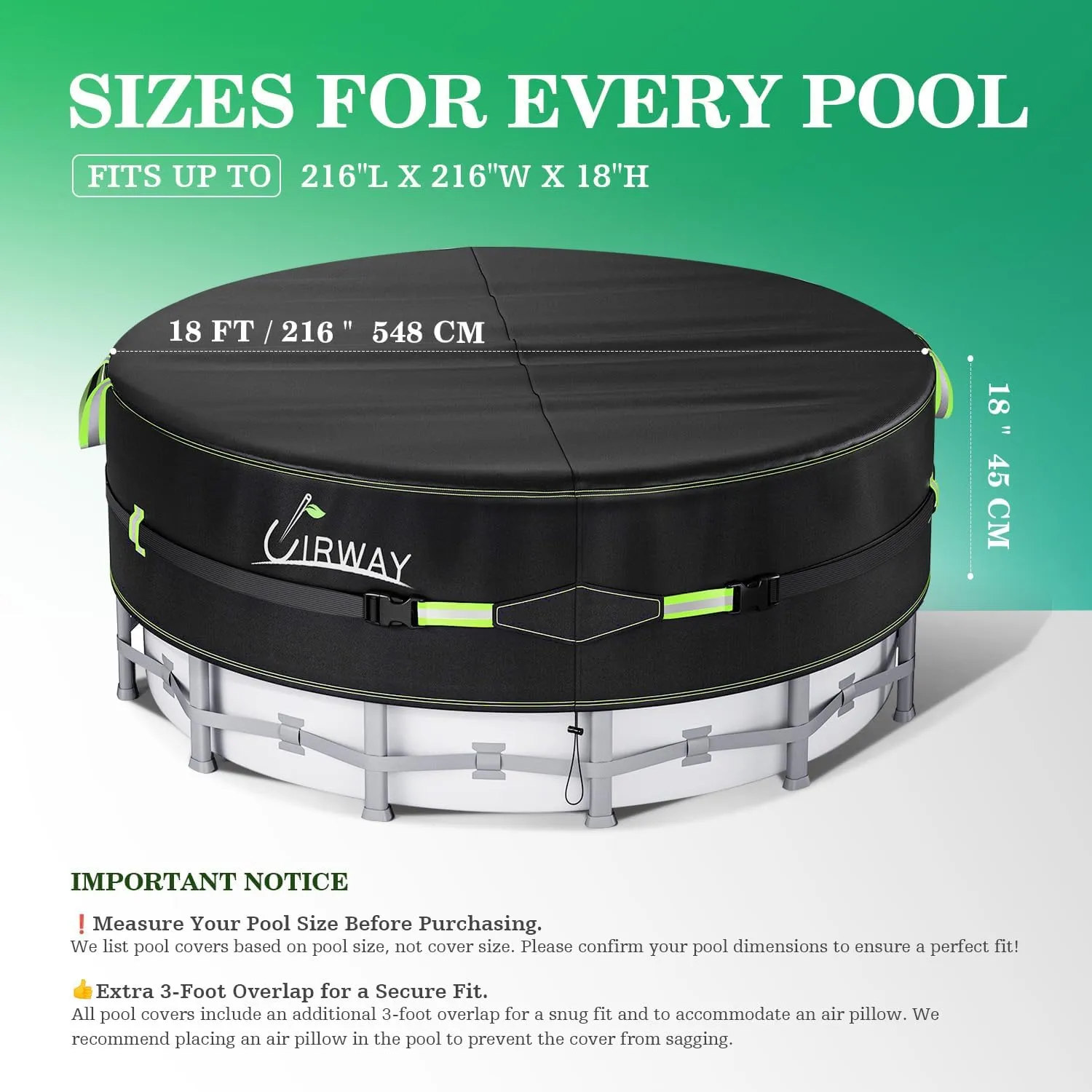 UIRWAY 18 Ft Round Pool Cover with Reflective Strips, Swimming Pool Cover for Above Ground Pools, Solar Cover Including Rope Tie and Luminous Ground Nails, PU Tarp Snug Fit for UV Protected