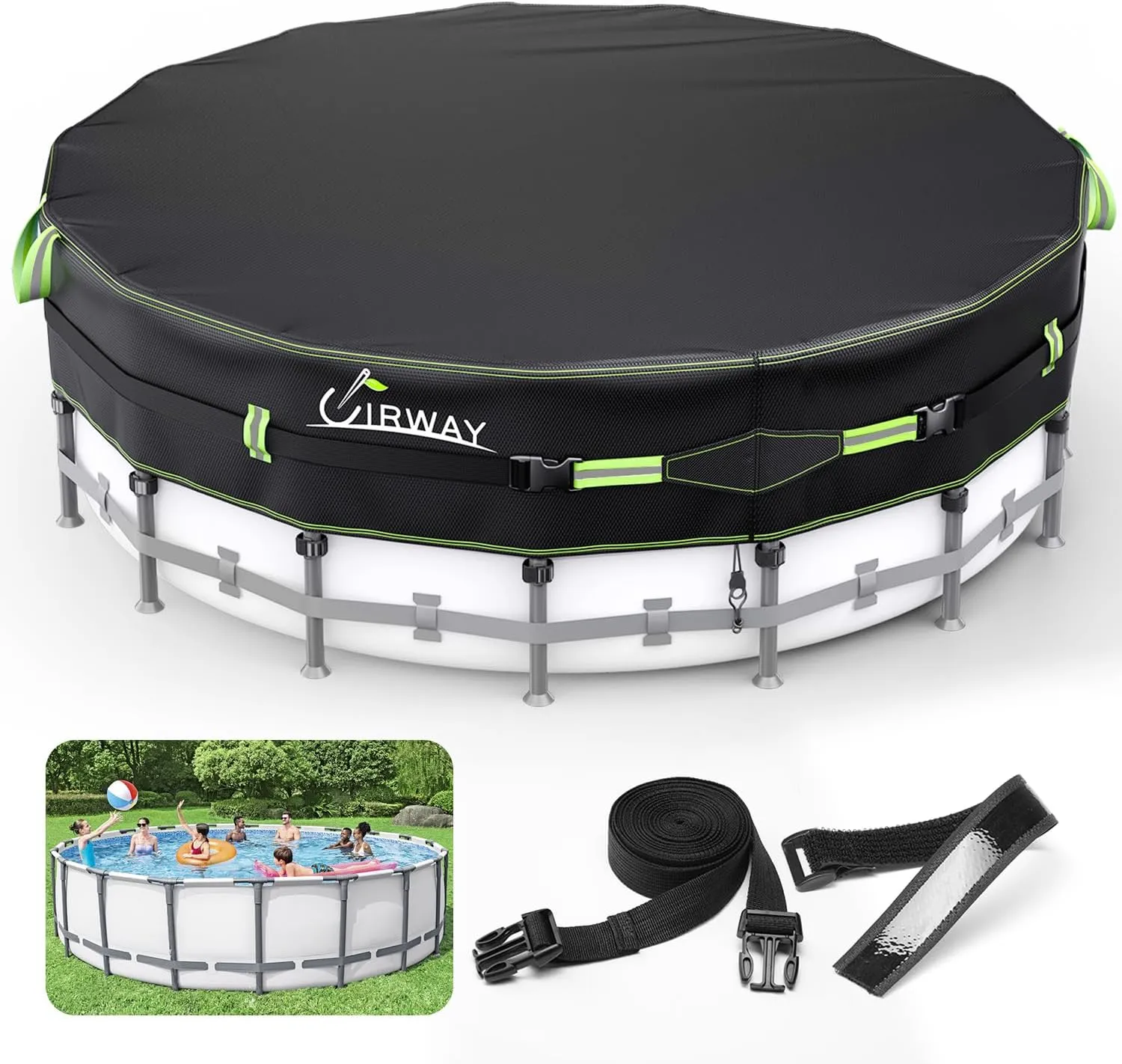 UIRWAY 500D Pool Cover 12FT Round [2025 Upgraded Heavy Duty Fabric] Solar Pool Covers for Above Ground Pools, New Super Windproof Gel-Coated Tarp Straps, Swimming Pool Covers with UV Protection