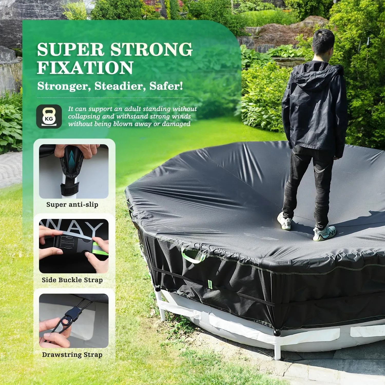 UIRWAY 500D Pool Cover 12FT Round [2025 Upgraded Heavy Duty Fabric] Solar Pool Covers for Above Ground Pools, New Super Windproof Gel-Coated Tarp Straps, Swimming Pool Covers with UV Protection