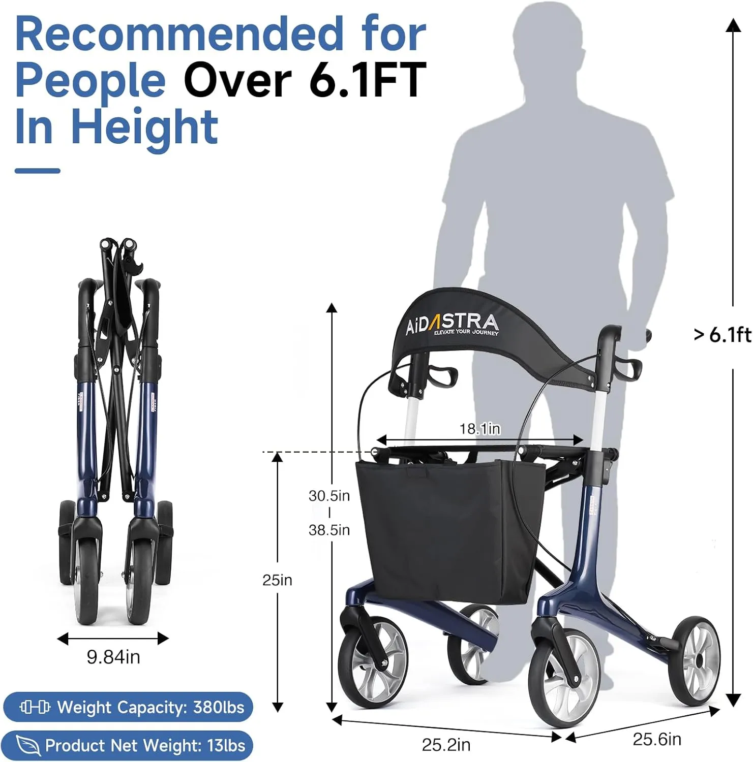 Ultralight Carbon Fiber Rollator Walkers for Seniors Lightweight at Only 13lbs, Foldable Carbon Rolling Walker with Organizer Bag, Seat and 8'' Wheels for Travel & The Elderly (Blue, Taller Model)