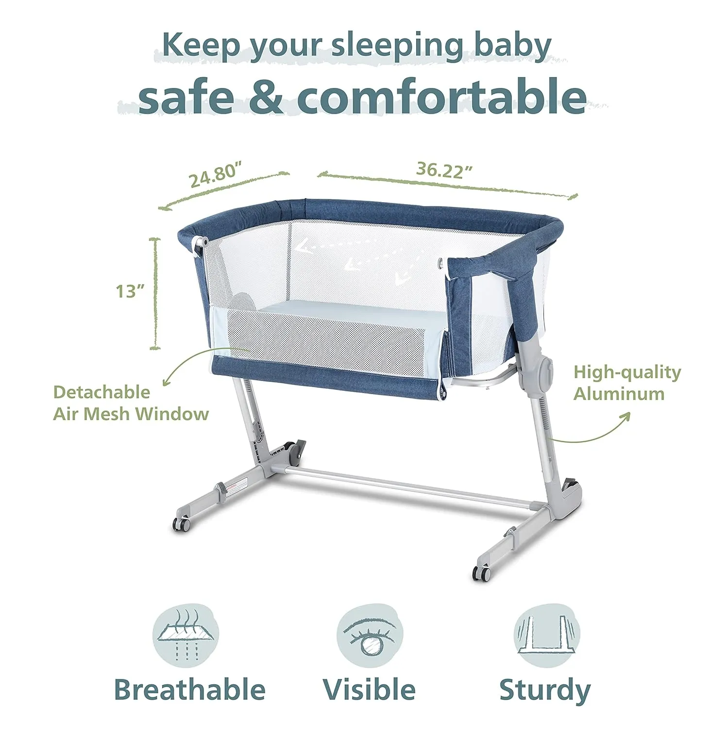 Unilove Hug Me Plus 3-in-1 Baby Bassinet, Bedside Sleeper, Travel Bassinet for Newborn, Airflow Blue