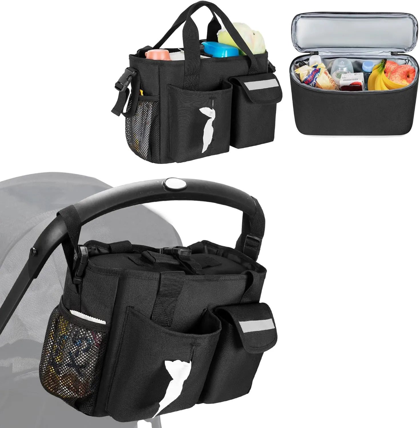 Universal Stroller Organizer with Cooler, Wagon Storage Attachment Fits for Handlebars Distance 14”-22”, with 2 Side Buckle Strap & Back Magic Tape Loops, Easy Carrying Handle Strap, Black