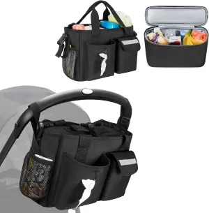 Universal Stroller Organizer with Cooler, Wagon Storage Attachment Fits for Handlebars Distance 14”-22”, with 2 Side Buckle Strap & Back Magic Tape Loops, Easy Carrying Handle Strap, Black