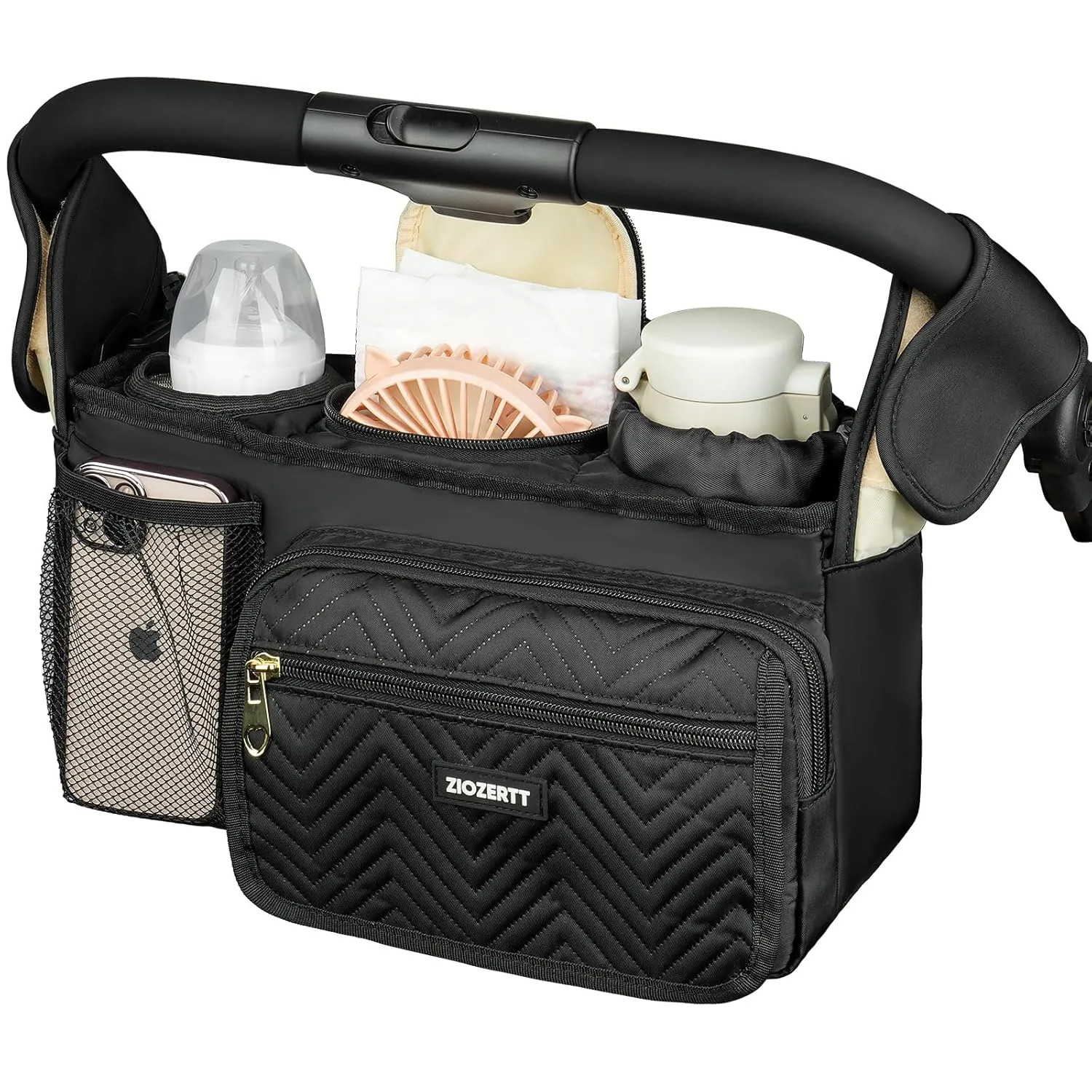 Universal Stroller Organizer with Insulated Cup Holder,Stroller Caddy Bag with Wet Wipes Pocket,Stroller Accessories Fits for Uppababy,Doona,Jogger,Britax,Mompush,BoB Strollers,Pink