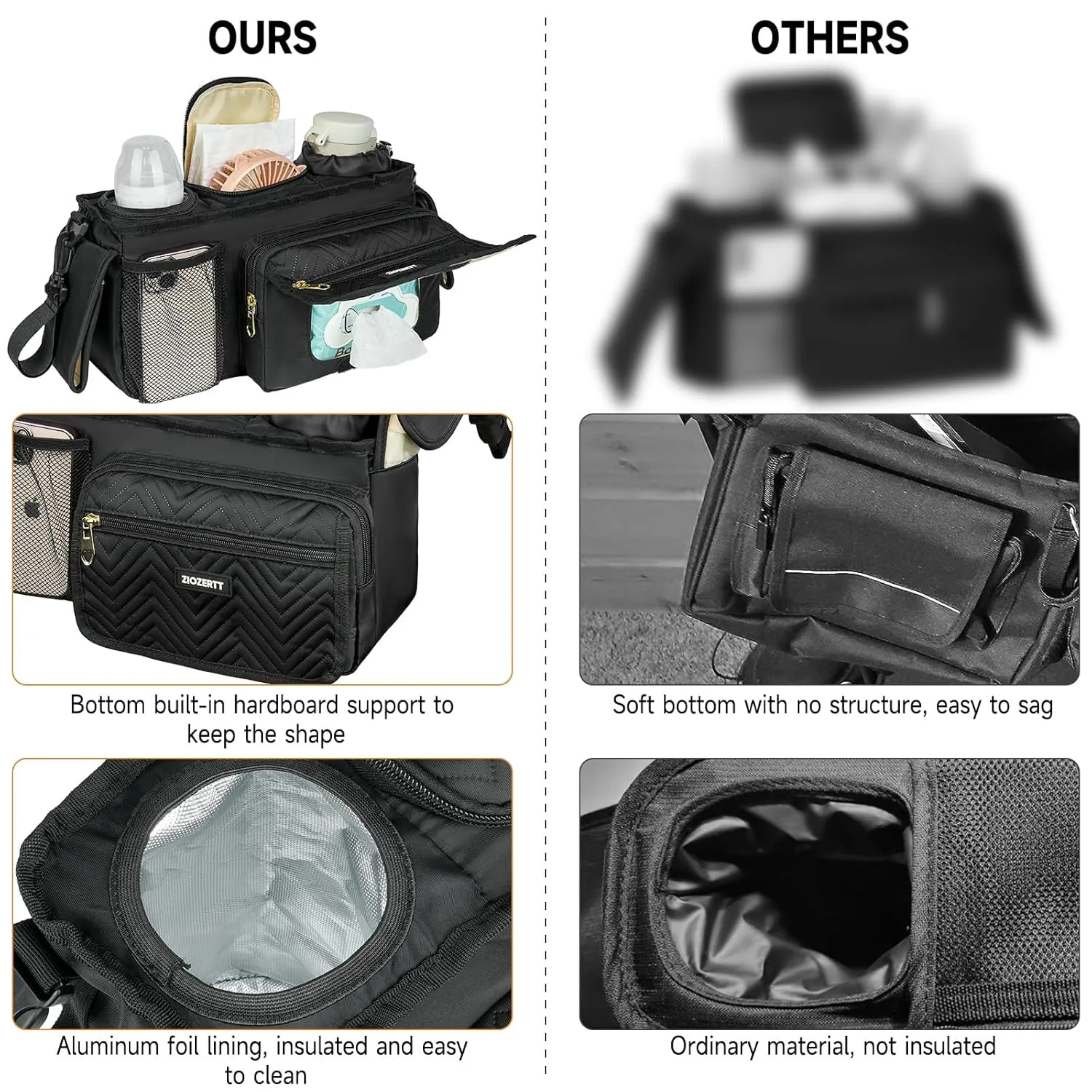 Universal Stroller Organizer with Insulated Cup Holder,Stroller Caddy Bag with Wet Wipes Pocket,Stroller Accessories Fits for Uppababy,Doona,Jogger,Britax,Mompush,BoB Strollers,Pink