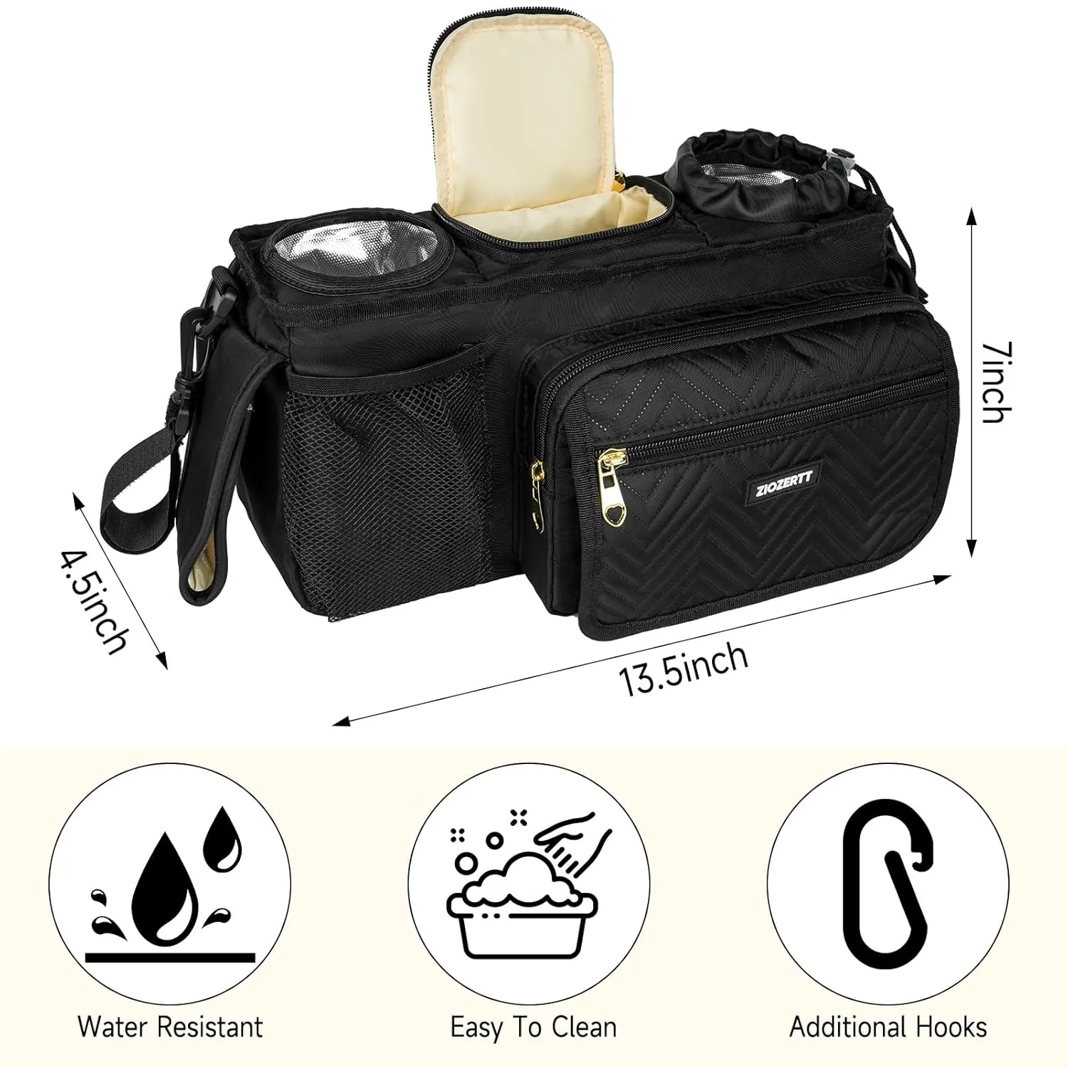 Universal Stroller Organizer with Insulated Cup Holder,Stroller Caddy Bag with Wet Wipes Pocket,Stroller Accessories Fits for Uppababy,Doona,Jogger,Britax,Mompush,BoB Strollers,Pink