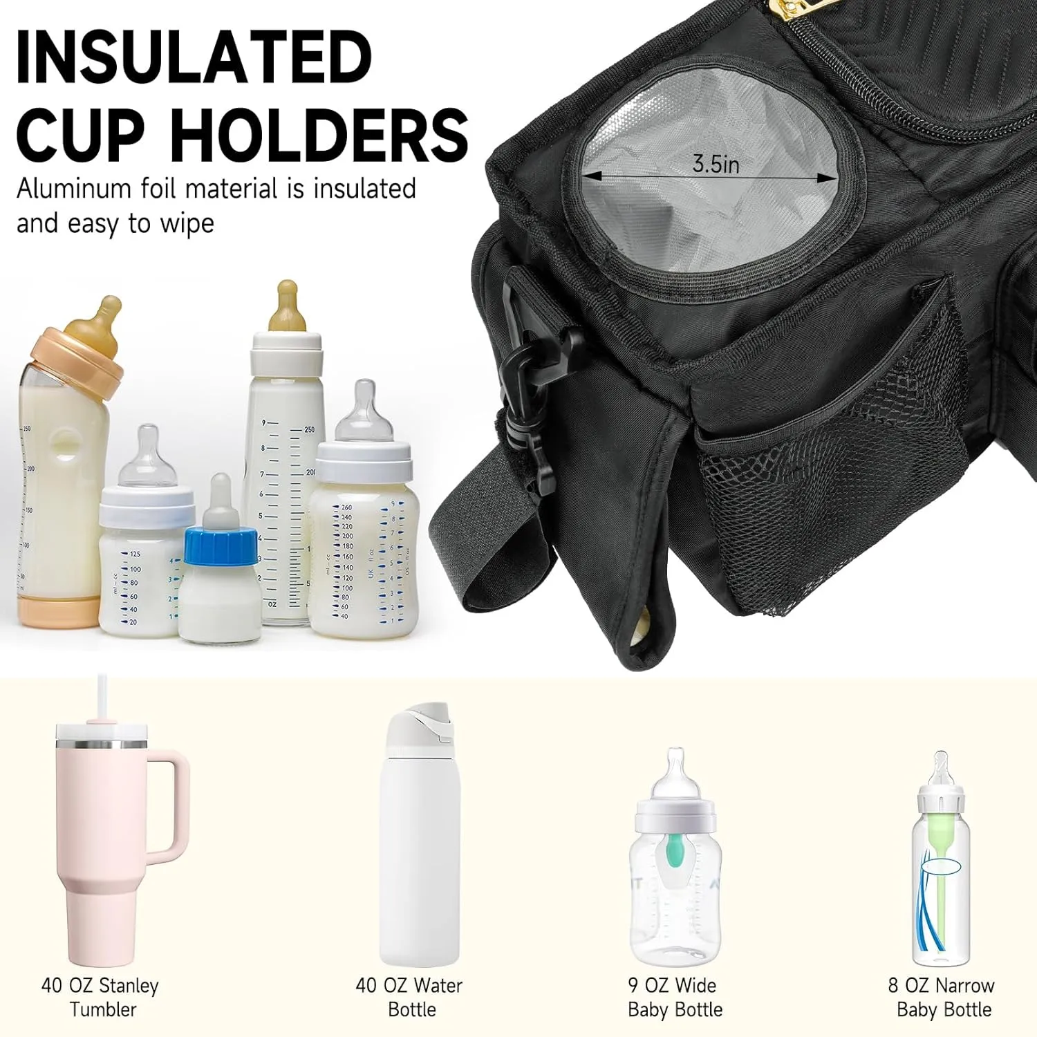 Universal Stroller Organizer with Insulated Cup Holder,Stroller Caddy Bag with Wet Wipes Pocket,Stroller Accessories Fits for Uppababy,Doona,Jogger,Britax,Mompush,BoB Strollers,Pink