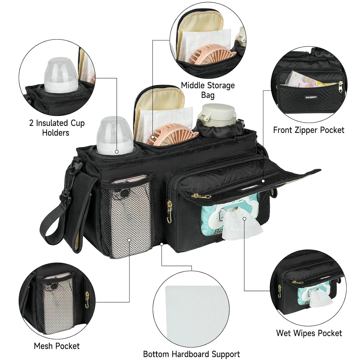 Universal Stroller Organizer with Insulated Cup Holder,Stroller Caddy Bag with Wet Wipes Pocket,Stroller Accessories Fits for Uppababy,Doona,Jogger,Britax,Mompush,BoB Strollers,Pink