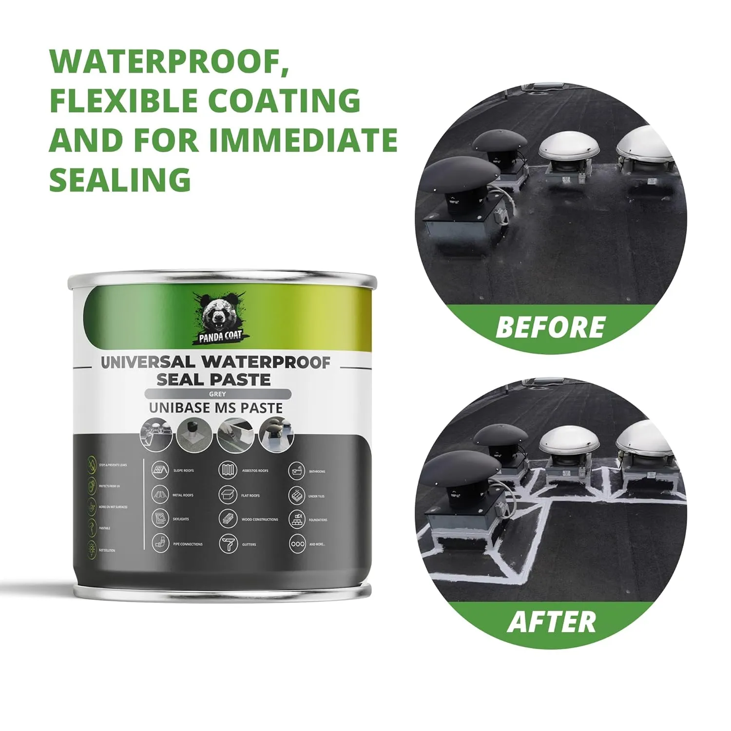 Universal Waterproof Flashing Sealant, Liquid Plastic - Seal for Gutters, Joints & Cracks, Details - Instant Sealing on Wet & Dry Surfaces - UV-Resistant Sealer - PandaCoat - Made in EU (21 Oz)