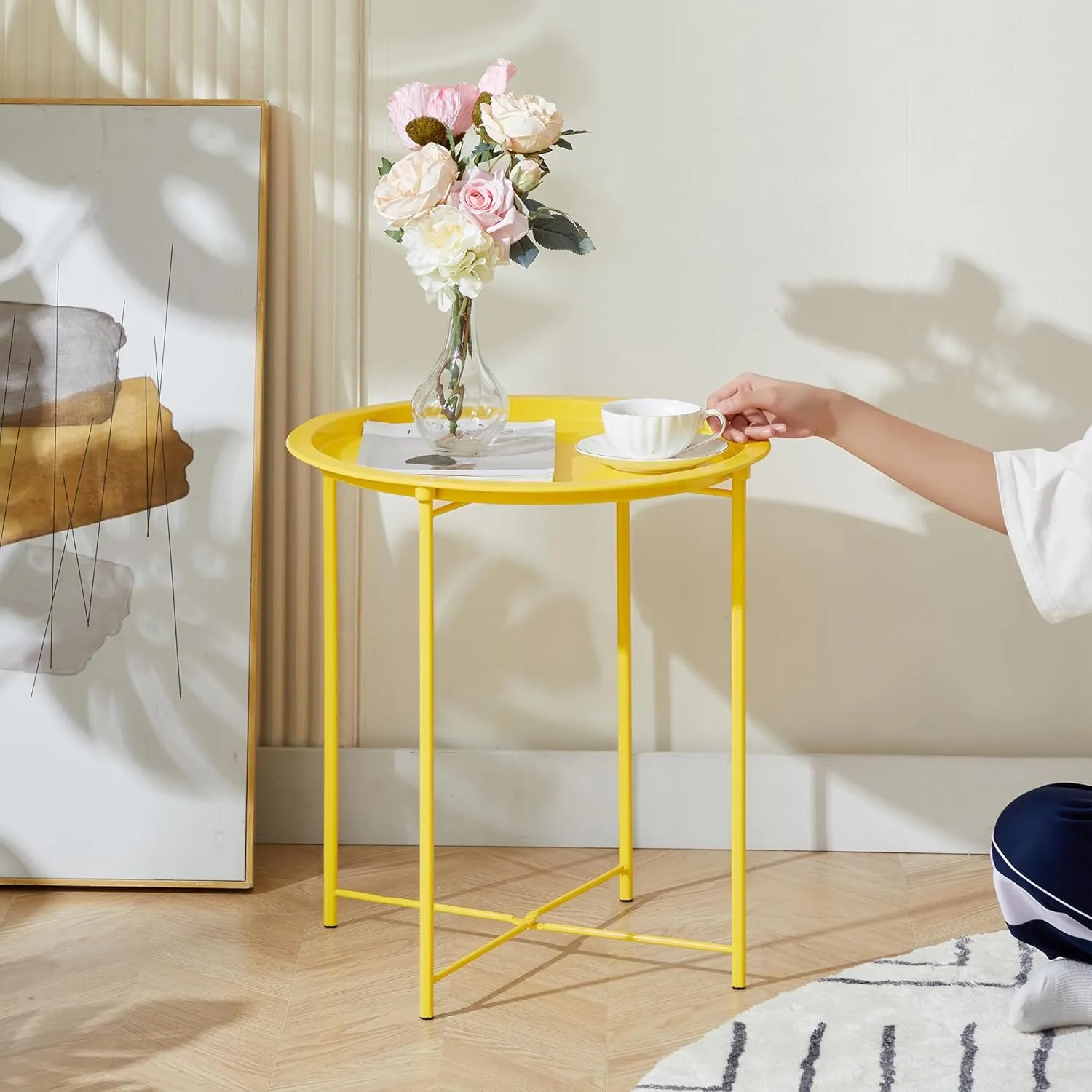 VECELO Side/End Table, Folding Round Metal Anti-Rust and Waterproof Outdoor or Indoor Tray for Living Room Bedroom Balcony and Office, 1 PCS,Yellow