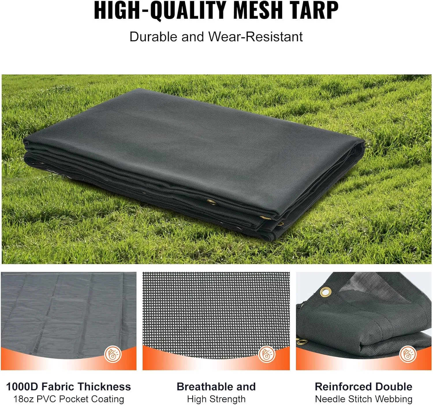 VEVOR Dump Truck Mesh Tarp, 7 x 14 ft, PVC Coated Black Heavy Duty Cover with 5.5" 18oz Double Pocket, Brass Grommets, Reinforced Double Needle Stitch Webbing Fits Manual or Electric Dump Truck System