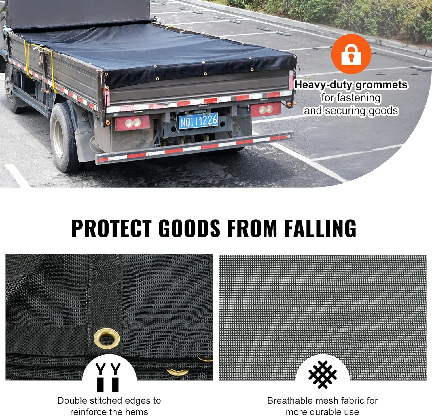 VEVOR Dump Truck Mesh Tarp, 7 x 14 ft, PVC Coated Black Heavy Duty Cover with 5.5" 18oz Double Pocket, Brass Grommets, Reinforced Double Needle Stitch Webbing Fits Manual or Electric Dump Truck System