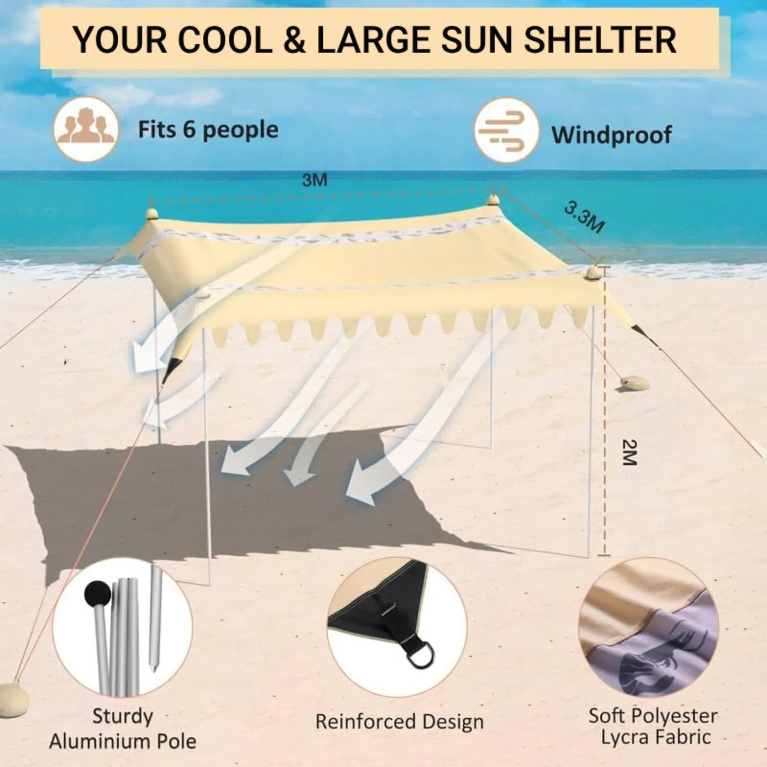 VILLEY Beach Tent Sun Shelter with UPF50  Protection, 11×10FT Portable Sun Shade with 4 Stability Poles, 8 Ground Pegs, 4 Sandbags and Sand Shovel, Outdoor Beach Canopy for Camping Trips, Picnics