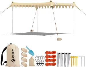 VILLEY Beach Tent Sun Shelter with UPF50  Protection, 11×10FT Portable Sun Shade with 4 Stability Poles, 8 Ground Pegs, 4 Sandbags and Sand Shovel, Outdoor Beach Canopy for Camping Trips, Picnics