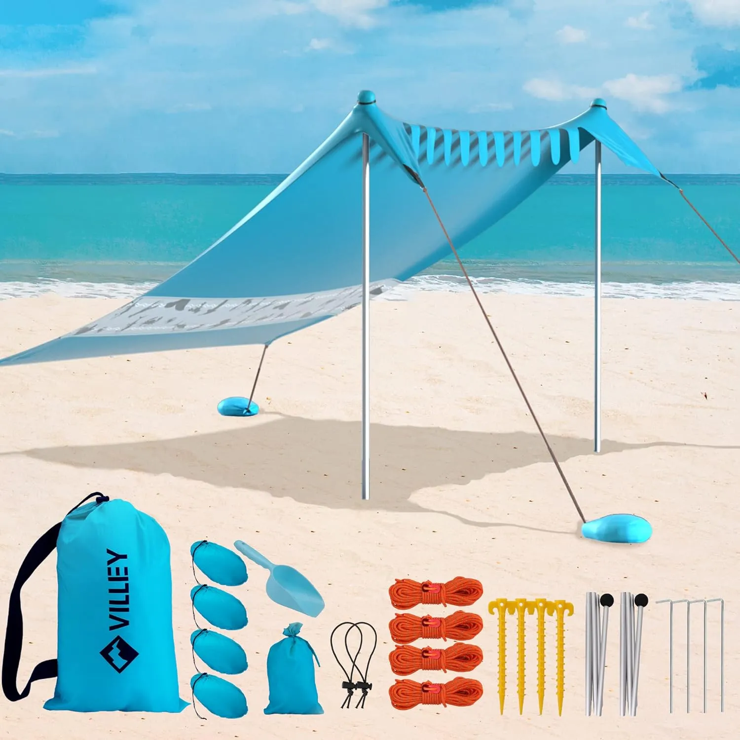 Villey Beach Tent Sun Shelter with UPF50  Protection, 8×7FT Portable Sun Shade with 2 Stability Poles, 8 Ground Pegs, 4 Sandbags and Sand Shovel, Outdoor Beach Canopy for Camping Trips, Picnics