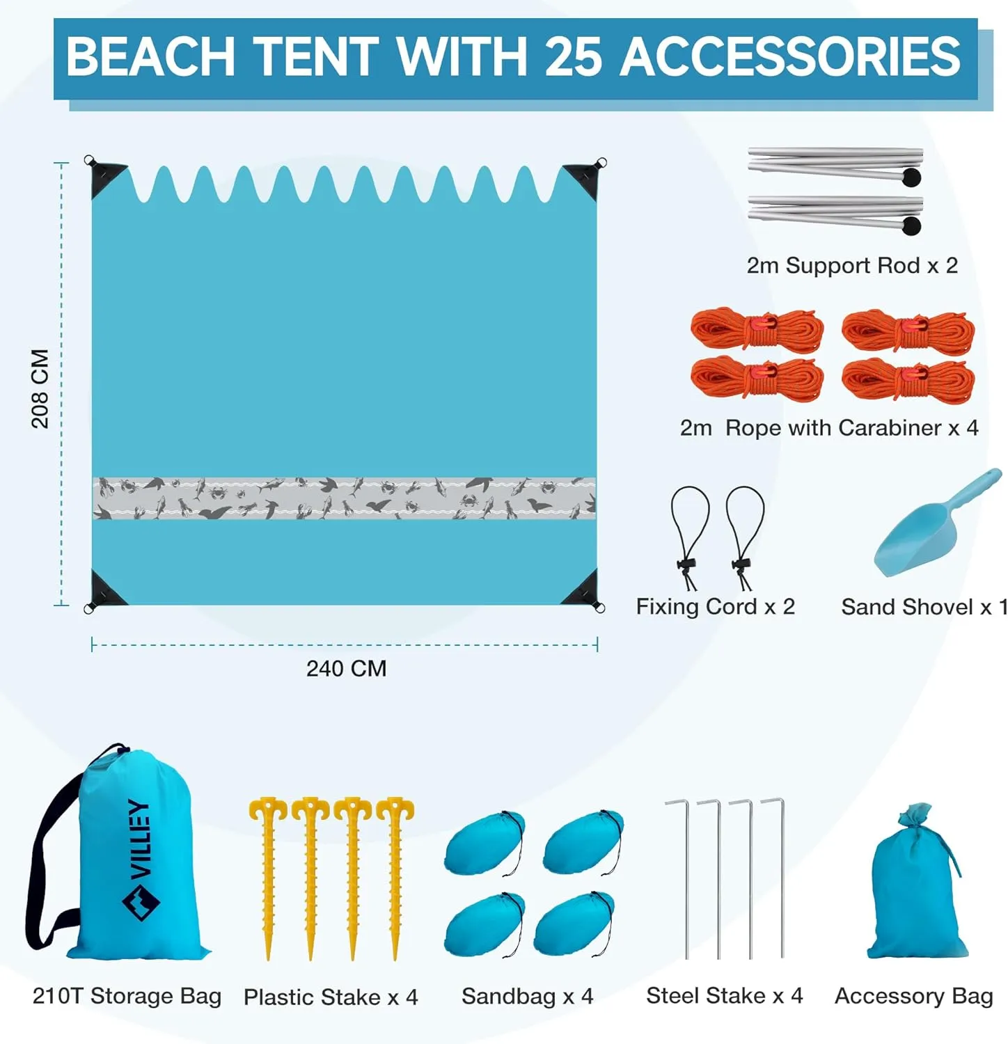 Villey Beach Tent Sun Shelter with UPF50  Protection, 8×7FT Portable Sun Shade with 2 Stability Poles, 8 Ground Pegs, 4 Sandbags and Sand Shovel, Outdoor Beach Canopy for Camping Trips, Picnics
