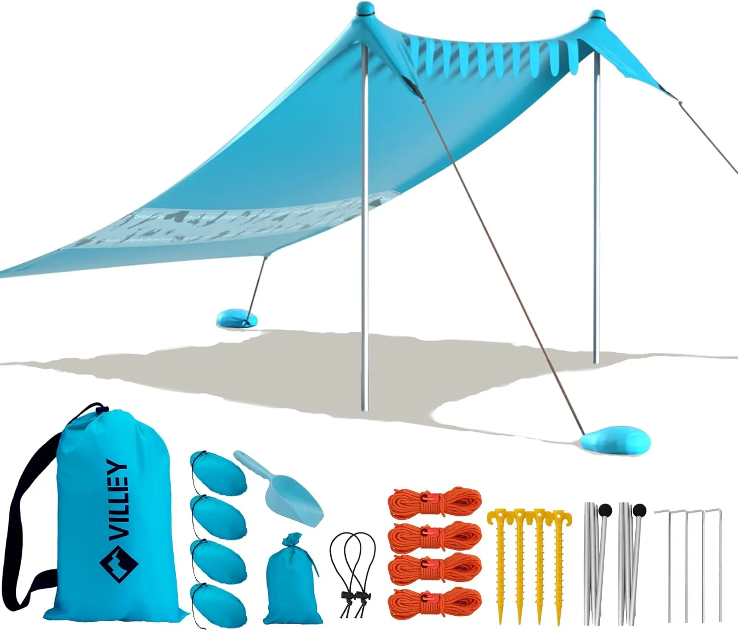 Villey Beach Tent Sun Shelter with UPF50  Protection, 8×7FT Portable Sun Shade with 2 Stability Poles, 8 Ground Pegs, 4 Sandbags and Sand Shovel, Outdoor Beach Canopy for Camping Trips, Picnics