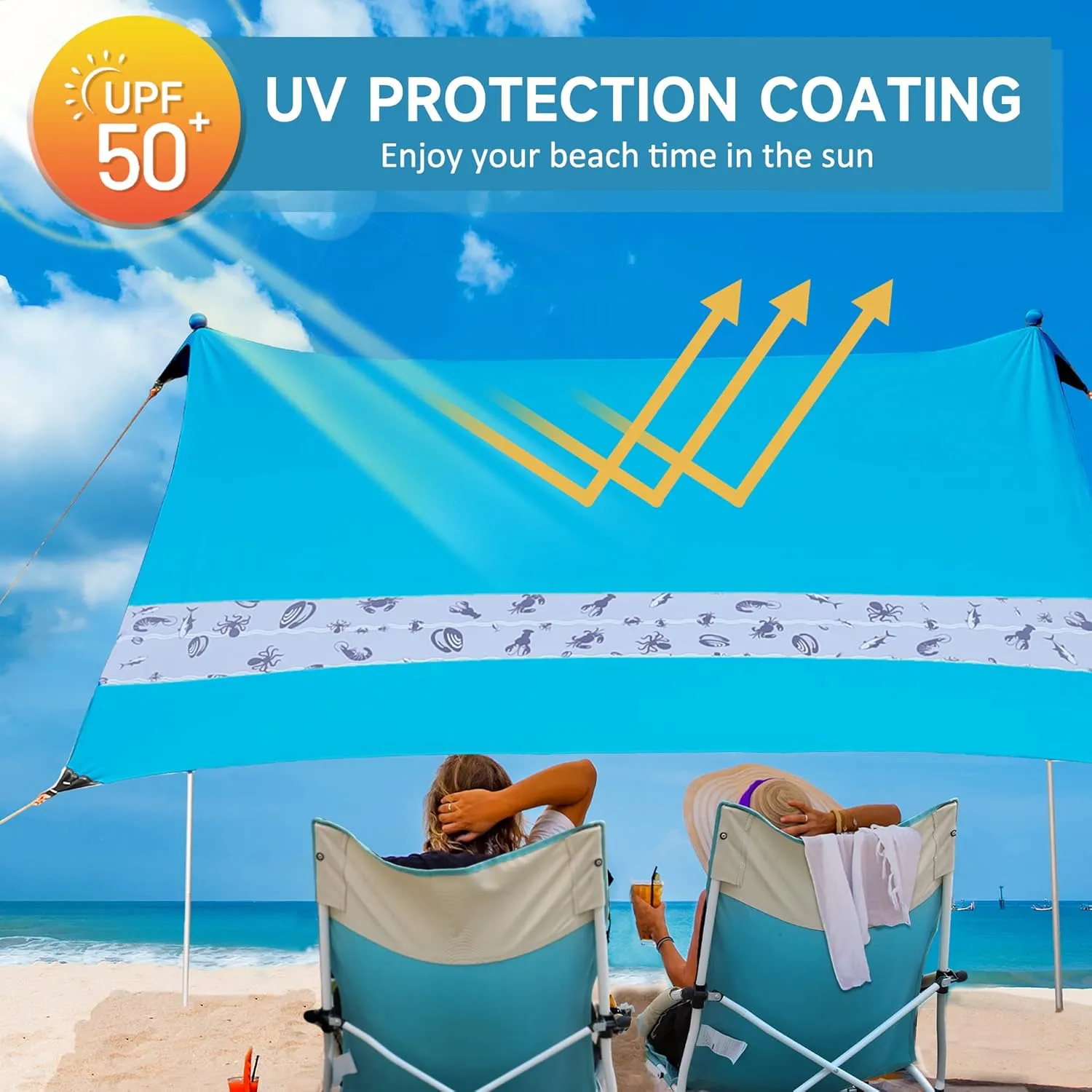 Villey Beach Tent Sun Shelter with UPF50  Protection, 8×7FT Portable Sun Shade with 2 Stability Poles, 8 Ground Pegs, 4 Sandbags and Sand Shovel, Outdoor Beach Canopy for Camping Trips, Picnics