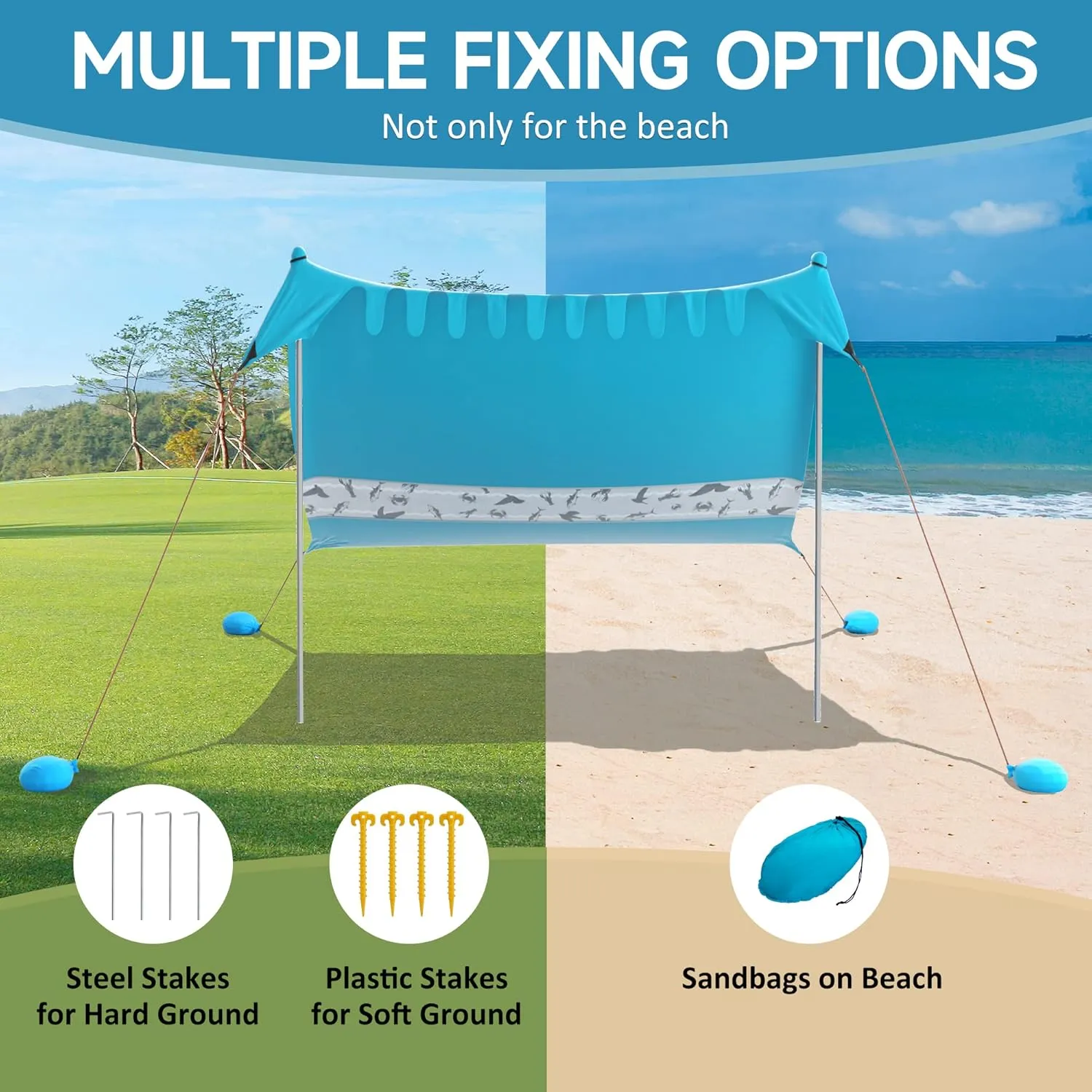 Villey Beach Tent Sun Shelter with UPF50  Protection, 8×7FT Portable Sun Shade with 2 Stability Poles, 8 Ground Pegs, 4 Sandbags and Sand Shovel, Outdoor Beach Canopy for Camping Trips, Picnics