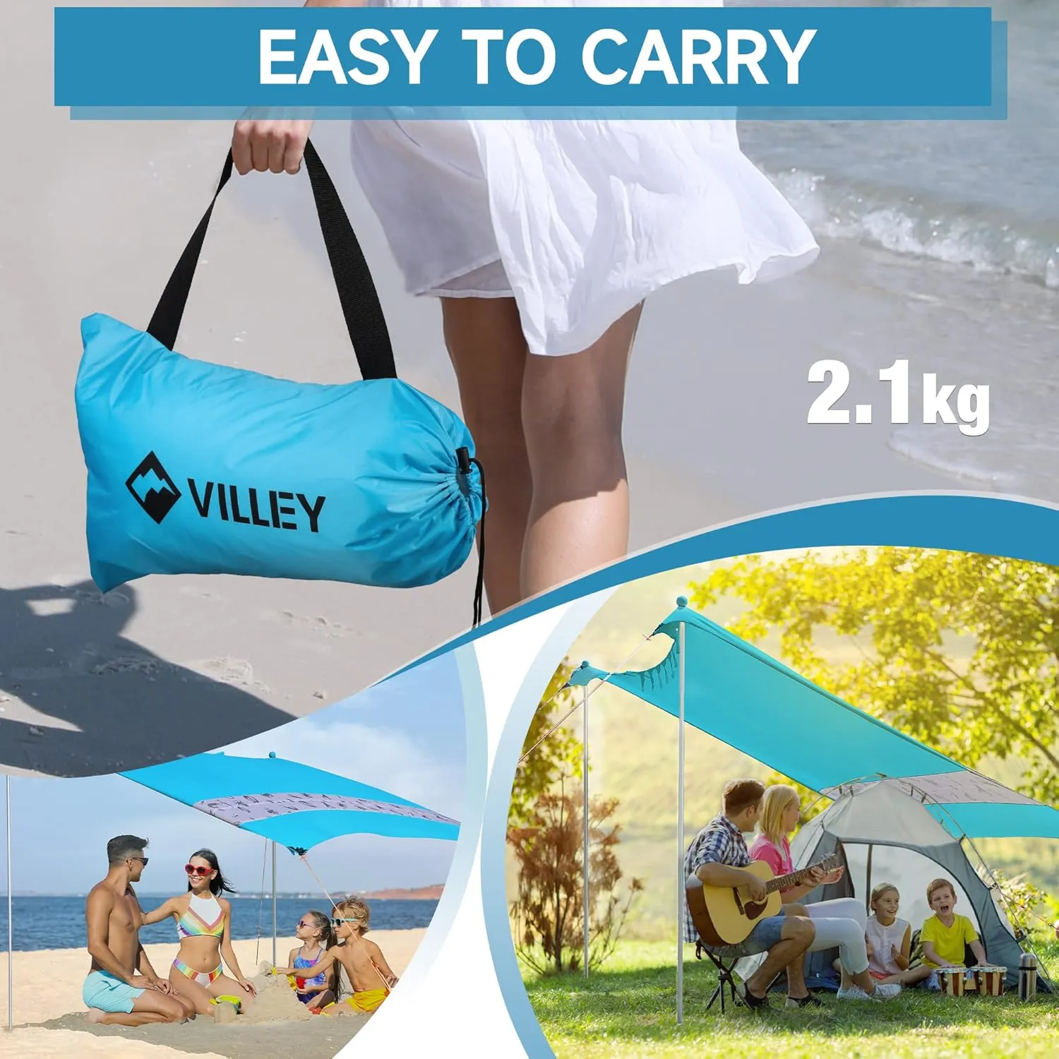 Villey Beach Tent Sun Shelter with UPF50  Protection, 8×7FT Portable Sun Shade with 2 Stability Poles, 8 Ground Pegs, 4 Sandbags and Sand Shovel, Outdoor Beach Canopy for Camping Trips, Picnics