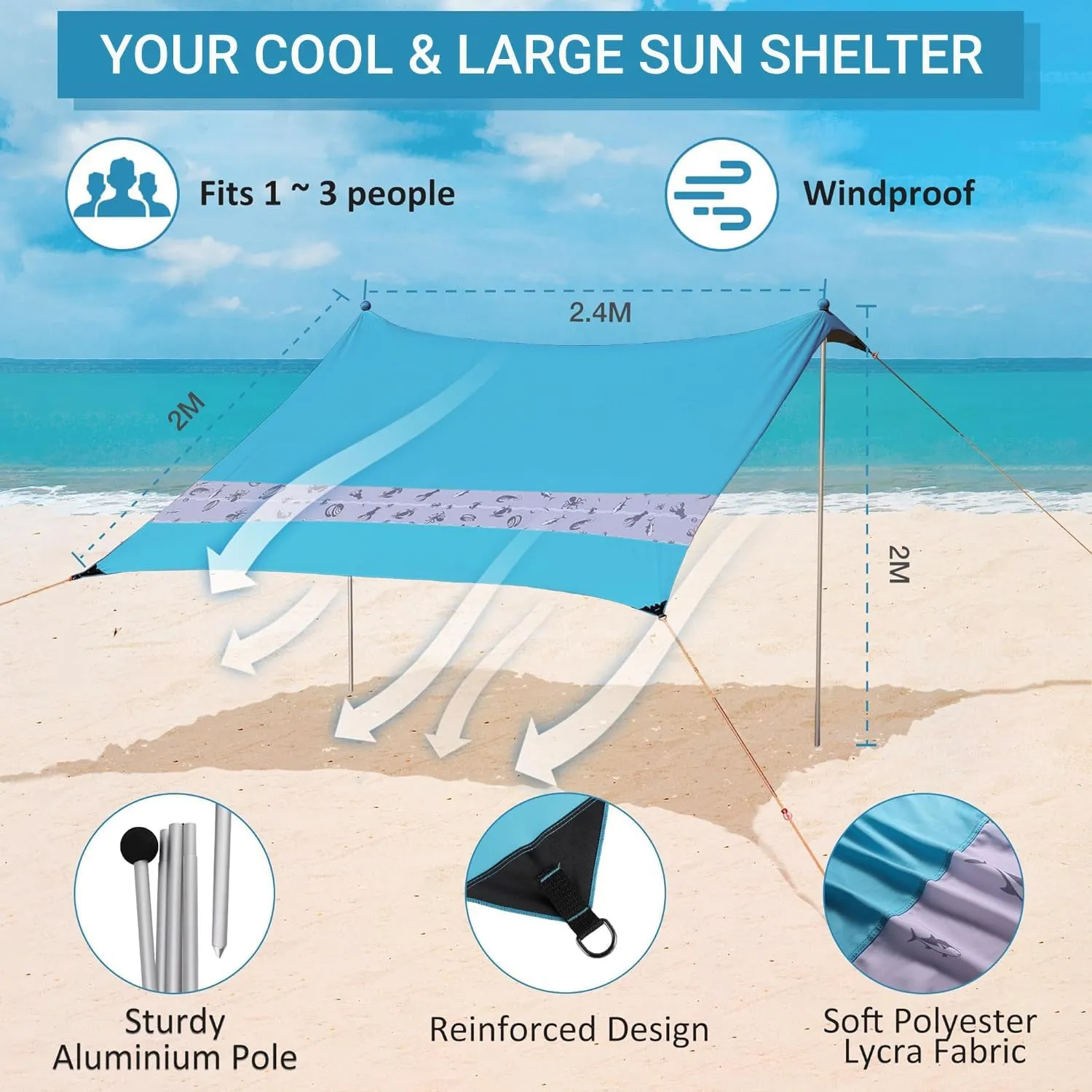 Villey Beach Tent Sun Shelter with UPF50  Protection, 8×7FT Portable Sun Shade with 2 Stability Poles, 8 Ground Pegs, 4 Sandbags and Sand Shovel, Outdoor Beach Canopy for Camping Trips, Picnics