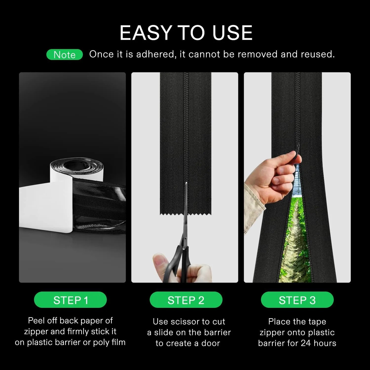 VIVOSUN 2-Pack Self-Adhesive Zipper for Debris Barriers & Tarp, Heavy-Duty Double-Sided Greenhouse & Tent Zipper, Black