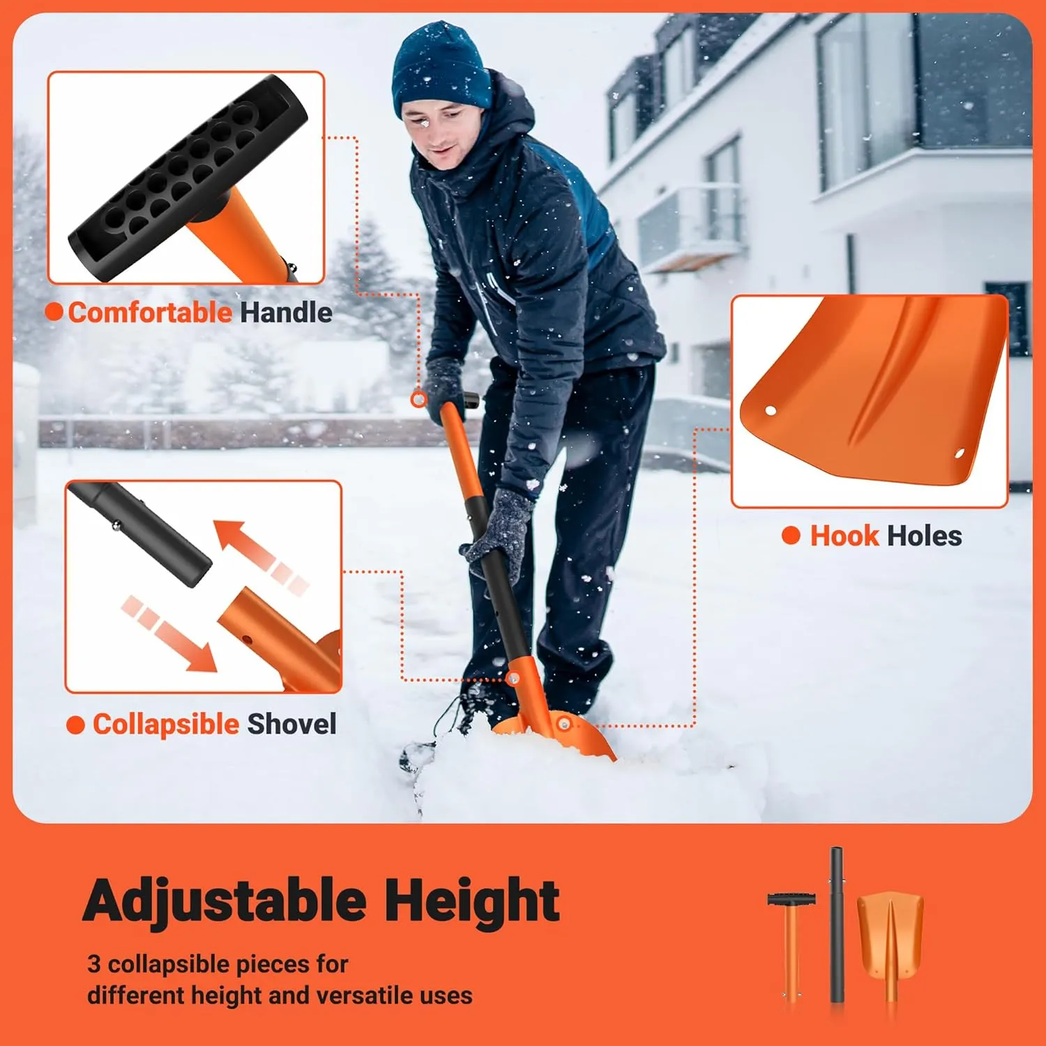VOLTASK Snow Shovel for Car, Aluminum 3-Piece Collapsible, 32'' Lightweight Compact Sport Utility Shovel with Ice Scraper for Car Emergency, Camping, Garden, Beach