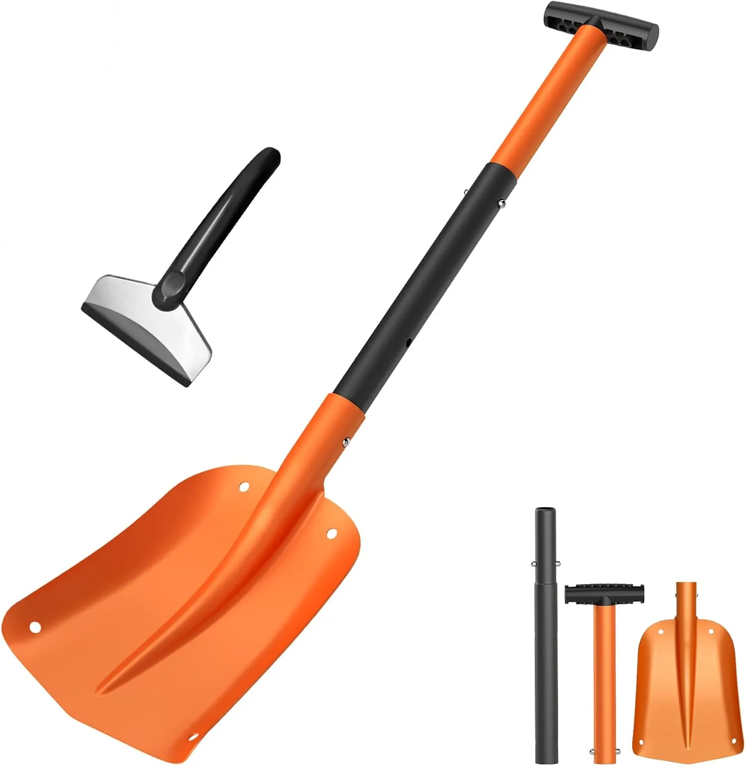 VOLTASK Snow Shovel for Car, Aluminum 3-Piece Collapsible, 32'' Lightweight Compact Sport Utility Shovel with Ice Scraper for Car Emergency, Camping, Garden, Beach