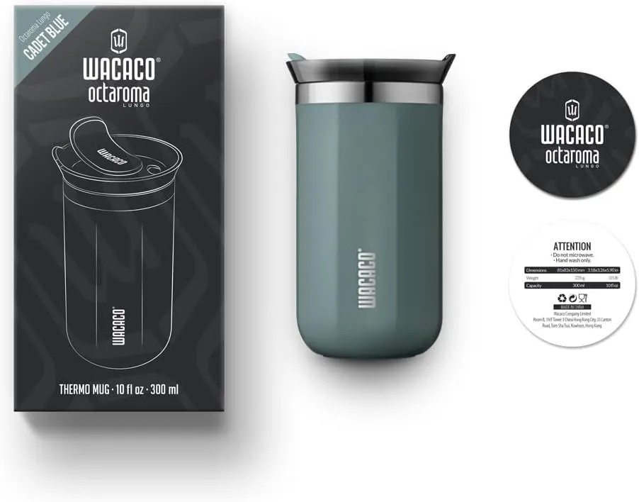 WACACO Octaroma Lungo Vacuum Insulated Coffee Mug, Double-wall Stainless Steel Travel Tumbler With Drinking Lid, 10 fl oz(300ml), Cadet Blue