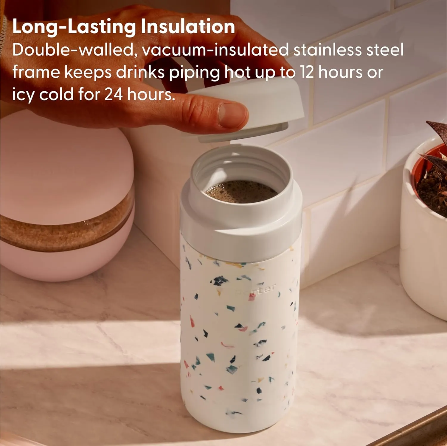 W&P Porter Insulated Bottle 16 oz | Clean Taste Ceramic Coating for Water, Coffee, & Tea | Wide Mouth Vacuum Insulated | Dishwasher Safe, Cream