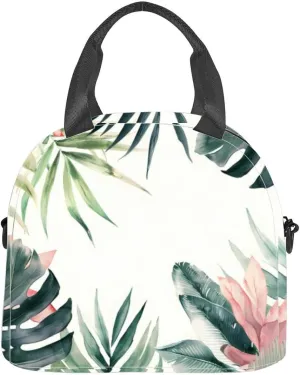 Watercolor frame tropical leaves and jungle plants white copy space Insulated Adult Lunch Bag with Shoulder Strap for Women Lightweight Reusable Portable Freezable Lunch Tote Bag for Work Picnic