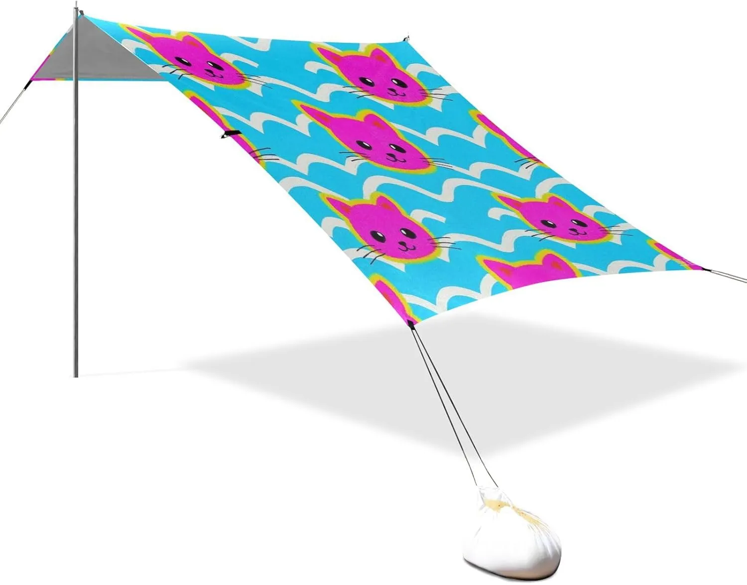 Wave Pattern Cartoon Cat Magenta Designed UPF50  Beach Canopy Easy Setup Outdoor Sun Shade with Sturdy Poles, Sandbags and Shovel for Backyard and Camping carpas de sol para la Playa