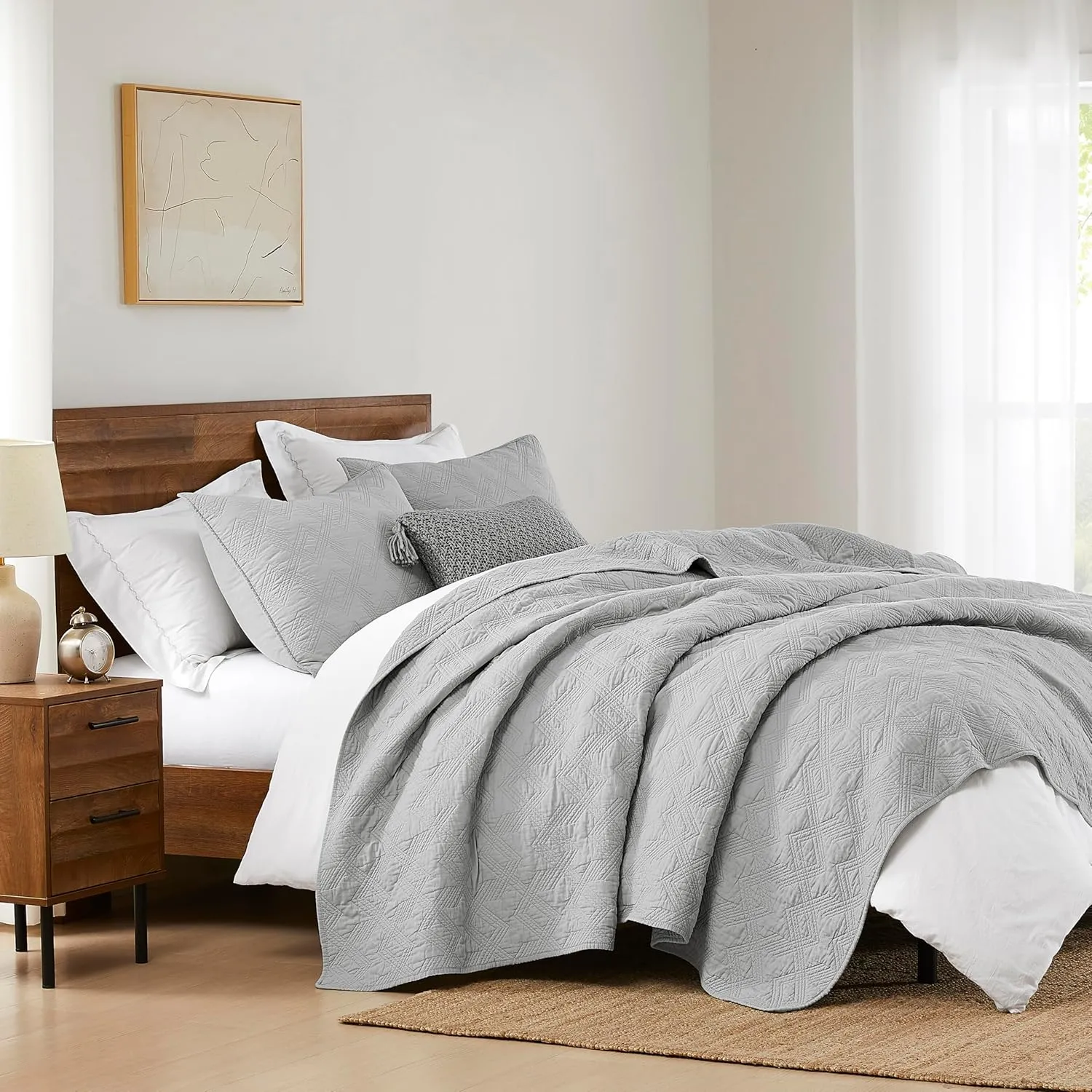 WDCOZY Light Grey 100% Cotton Quilt Bedding Sets Twin Size with 1 Pillow Sham, Shabby Chic Rustic Textured Gauze Lightweight Country Soft Bedspread Coverlet for All Season, 2 Pieces, 68x86 inches