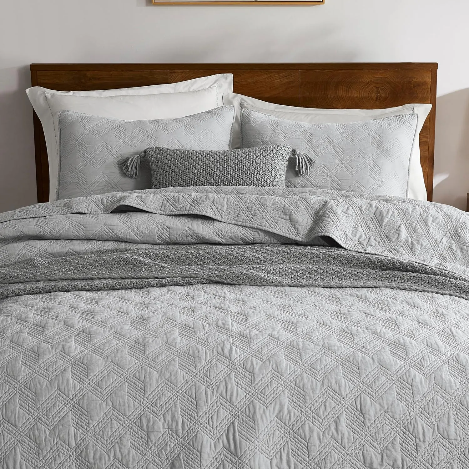 WDCOZY Light Grey 100% Cotton Quilt Bedding Sets Twin Size with 1 Pillow Sham, Shabby Chic Rustic Textured Gauze Lightweight Country Soft Bedspread Coverlet for All Season, 2 Pieces, 68x86 inches