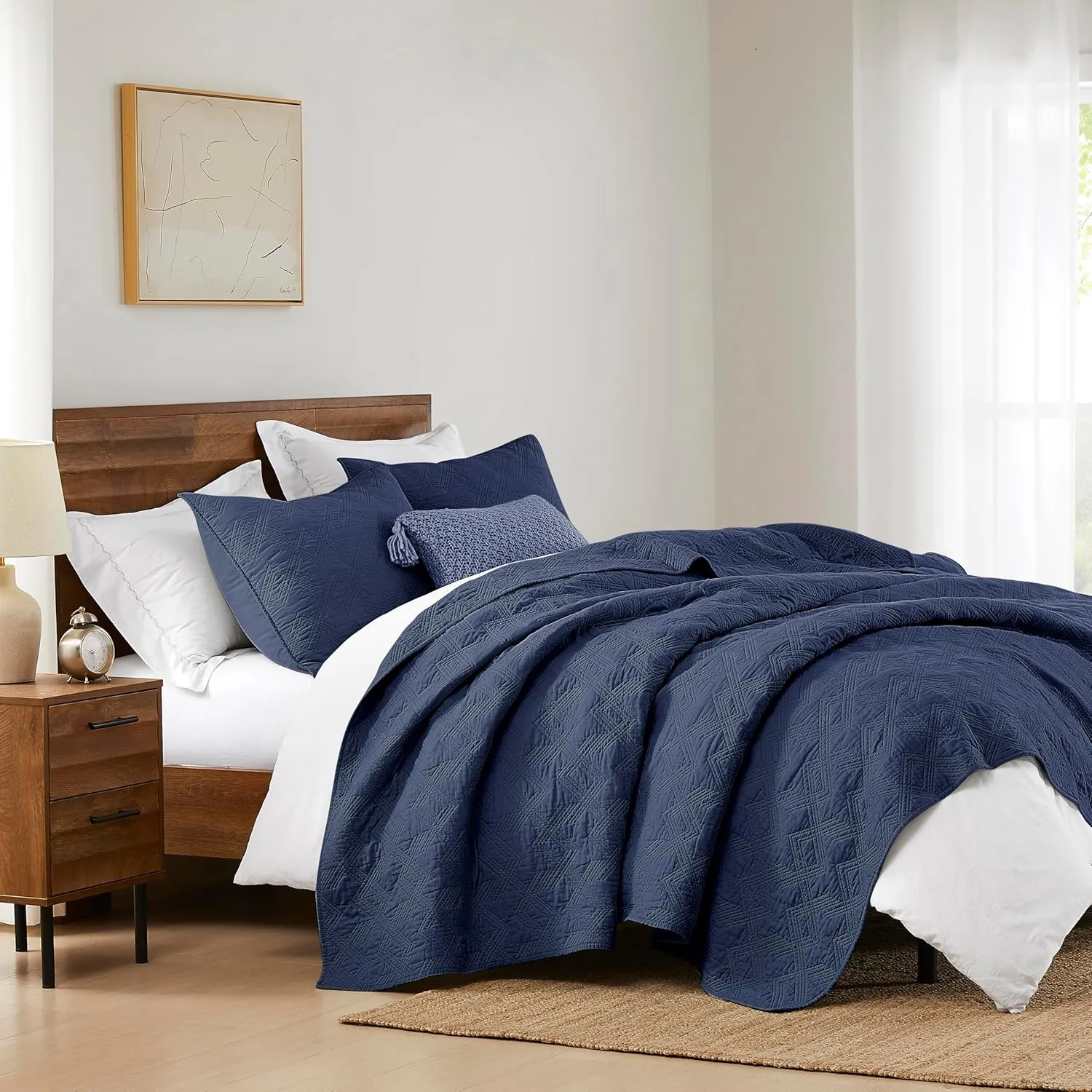 WDCOZY Navy Blue 100% Cotton Oversized California King Size Quilt Bedding Sets with 2 Pillow Shams, Shabby Chic Rustic Textured Gauze Lightweight Country Soft Bedspread Coverlet for All Season