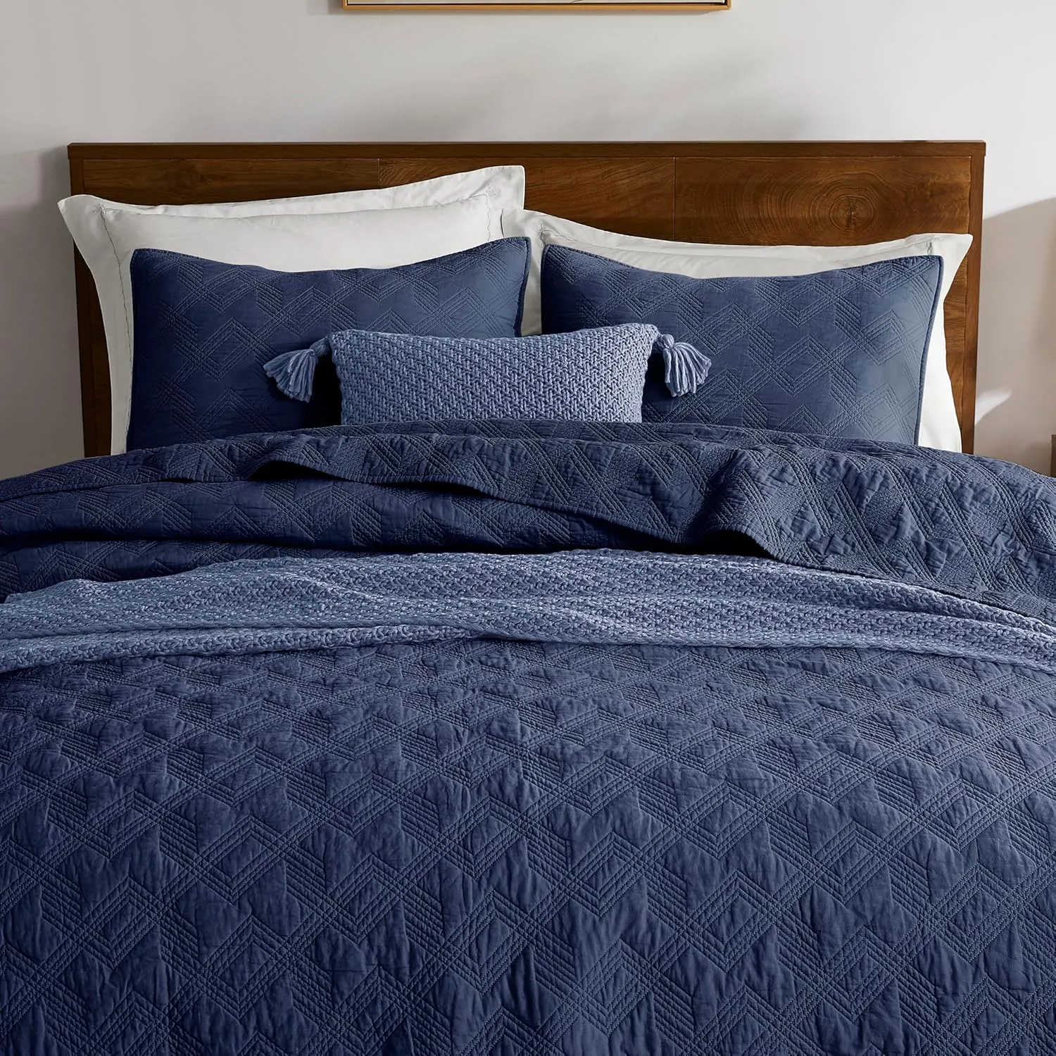 WDCOZY Navy Blue 100% Cotton Oversized California King Size Quilt Bedding Sets with 2 Pillow Shams, Shabby Chic Rustic Textured Gauze Lightweight Country Soft Bedspread Coverlet for All Season