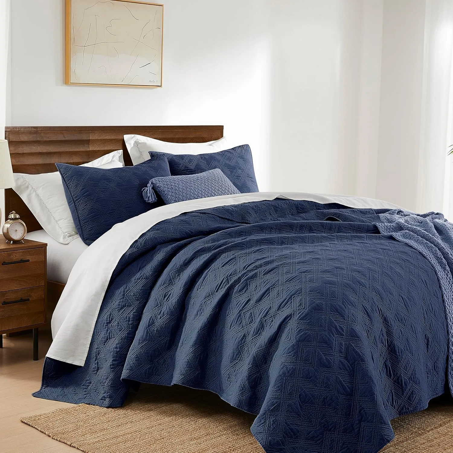 WDCOZY Navy Blue 100% Cotton Oversized California King Size Quilt Bedding Sets with 2 Pillow Shams, Shabby Chic Rustic Textured Gauze Lightweight Country Soft Bedspread Coverlet for All Season