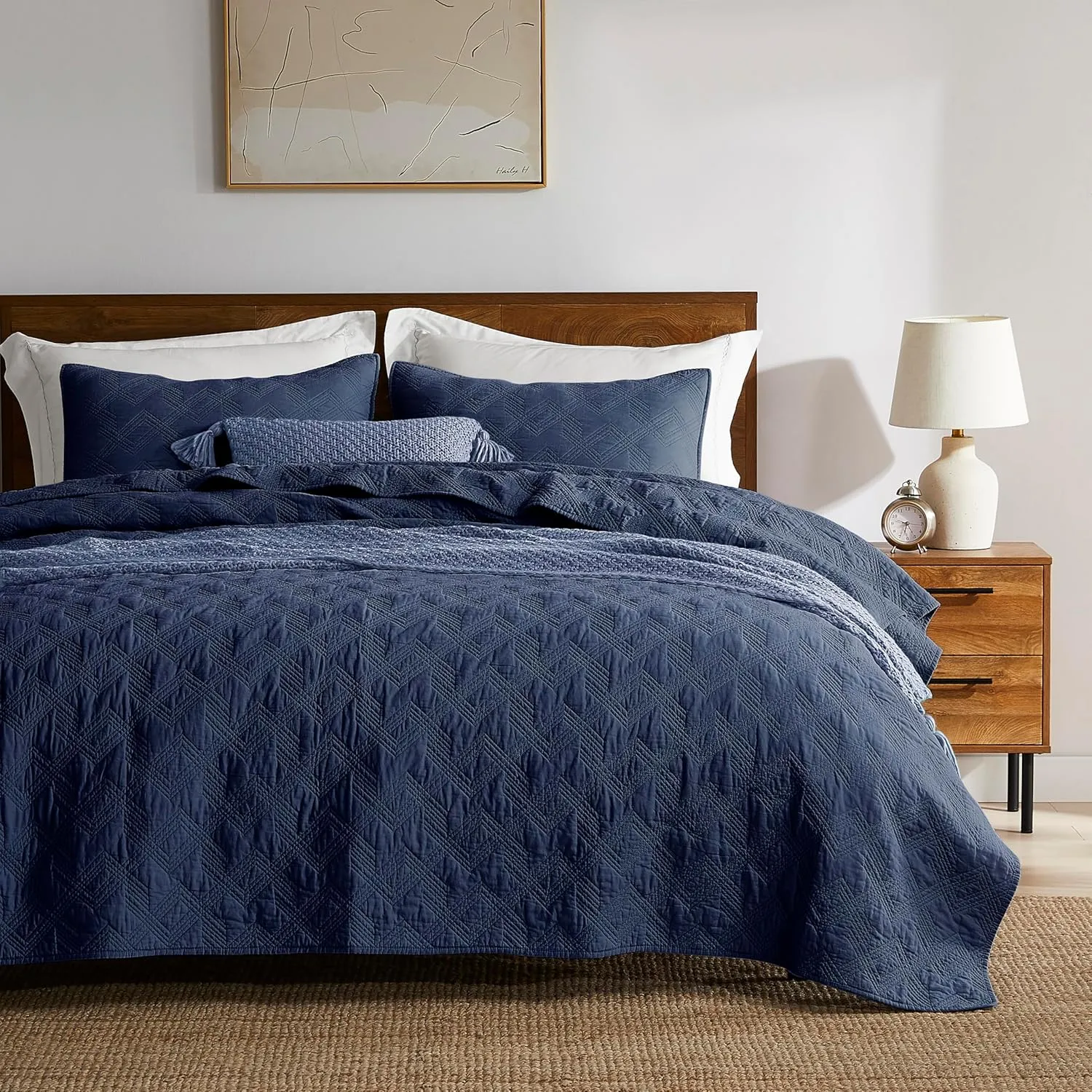 WDCOZY Navy Blue 100% Cotton Oversized California King Size Quilt Bedding Sets with 2 Pillow Shams, Shabby Chic Rustic Textured Gauze Lightweight Country Soft Bedspread Coverlet for All Season