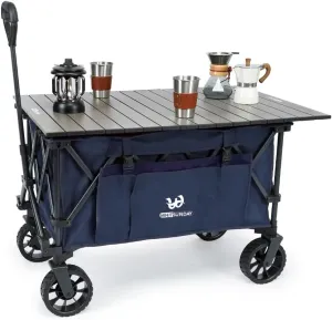 Whitsunday Folding Collapsible Utility Wagon, 400Lbs Heavy Duty Outdoor Park Beach Wagon with Table and Side Pocket for Garden Camping Sports Shopping Dark Blue
