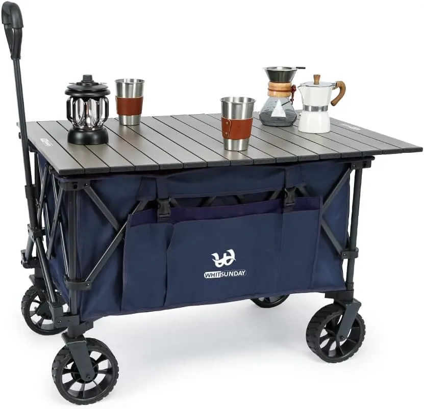 Whitsunday Folding Collapsible Utility Wagon, 400Lbs Heavy Duty Outdoor Park Beach Wagon with Table and Side Pocket for Garden Camping Sports Shopping Dark Blue