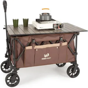 Whitsunday Folding Collapsible Utility Wagon, Heavy Duty Outdoor Park Beach Wagon with Table and Side Pocket for Camping Sports Shopping Brown