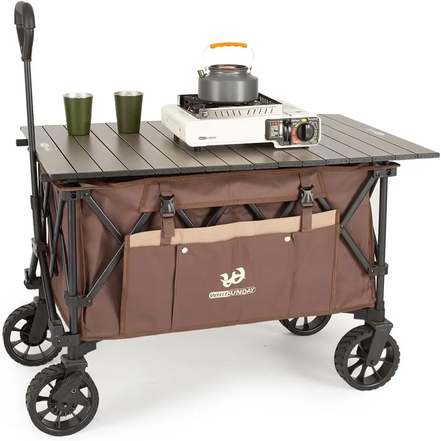 Whitsunday Folding Collapsible Utility Wagon, Heavy Duty Outdoor Park Beach Wagon with Table and Side Pocket for Camping Sports Shopping Brown