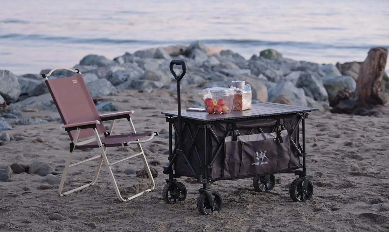 Whitsunday Folding Collapsible Utility Wagon, Heavy Duty Outdoor Park Beach Wagon with Table and Side Pocket for Camping Sports Shopping Brown