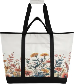 Wildflowers Reusable Insulated Lunchbox Cooler Bag, Leakproof Kitchen Grocery Bag Collapsible Portable Cooler Tote Bag for Picnic, Camping, Office, Travel