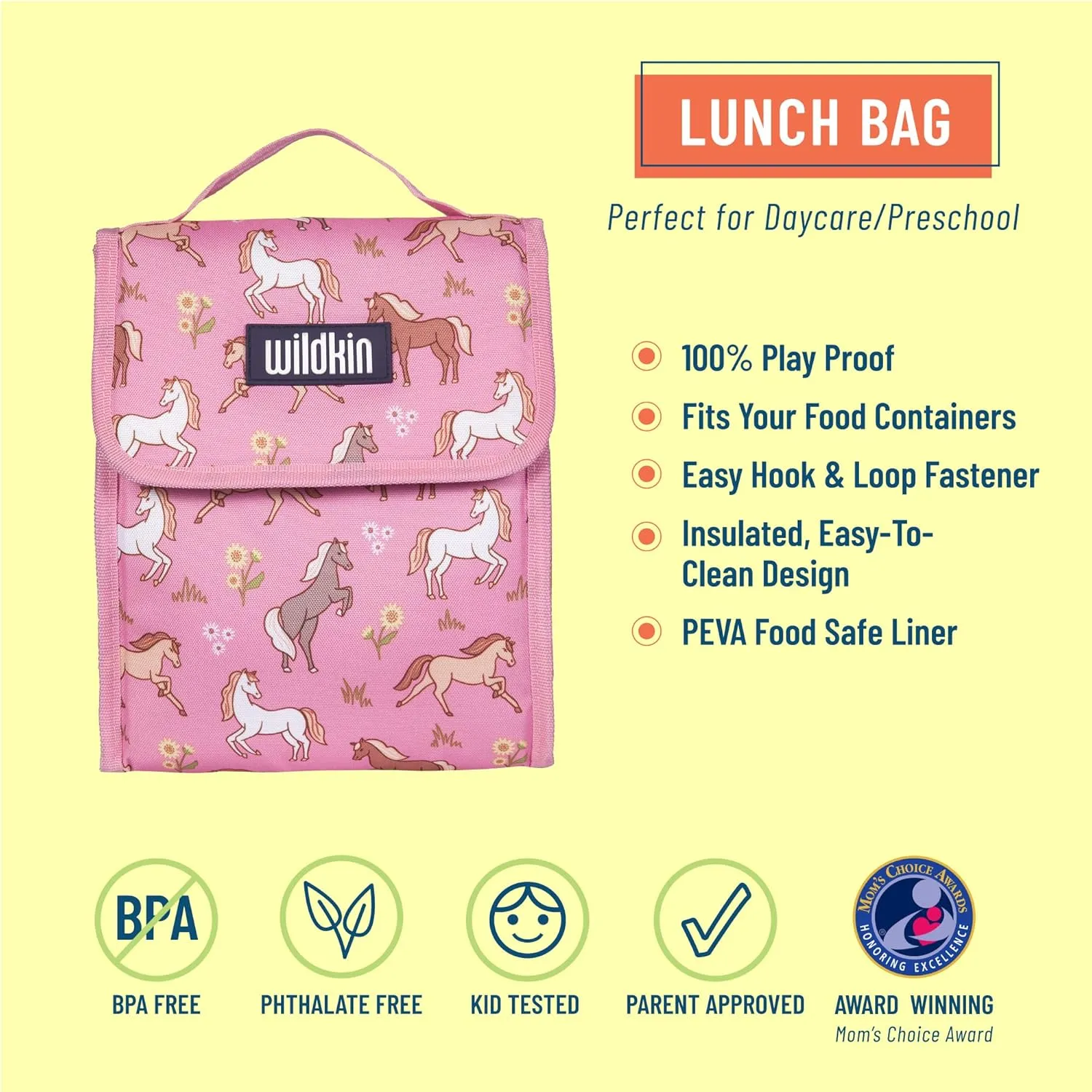 Wildkin Kids Insulated Lunch Bag – Reusable, Ideal for Hot/Cold Snacks, School & Travel - Wild Horses
