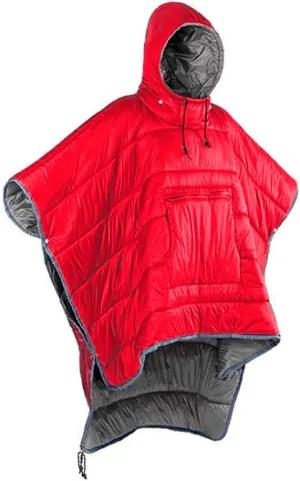 Winter Poncho Coat Outdoor Camping Warmth Small Quilt Blanket Water-resisitant Sleeping Bag Cloak Cape with Hat for Adult (Red)