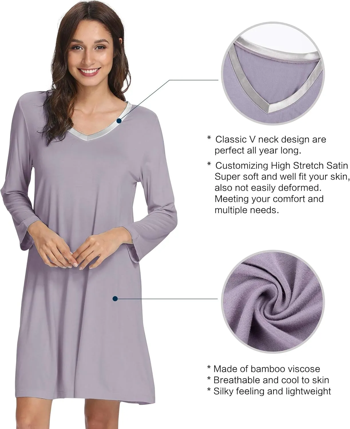WiWi Nightgowns for Women Soft Long Sleeve Nightgown Plus Size Sleep Shirt Pajama Gown Viscose from Bamboo S-4X